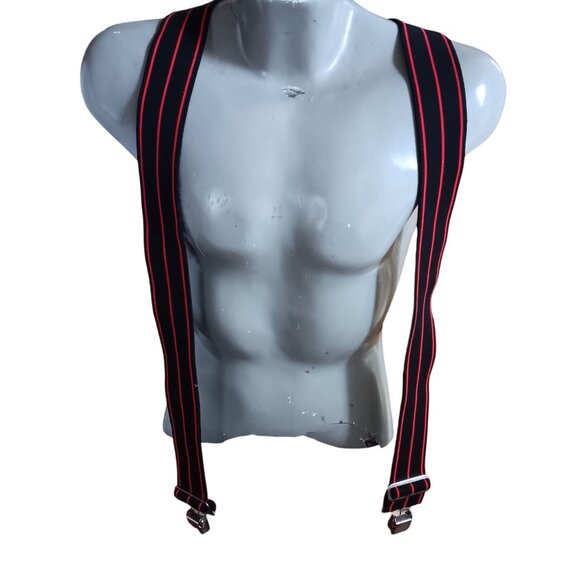 Vintage Logger Suspenders Adjustable Black Red Striped Alligator Metal Clips - Picture 1 of 4